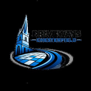 Driveways Chesterfield logo featuring a blue church with a checkered pattern base and curved road elements